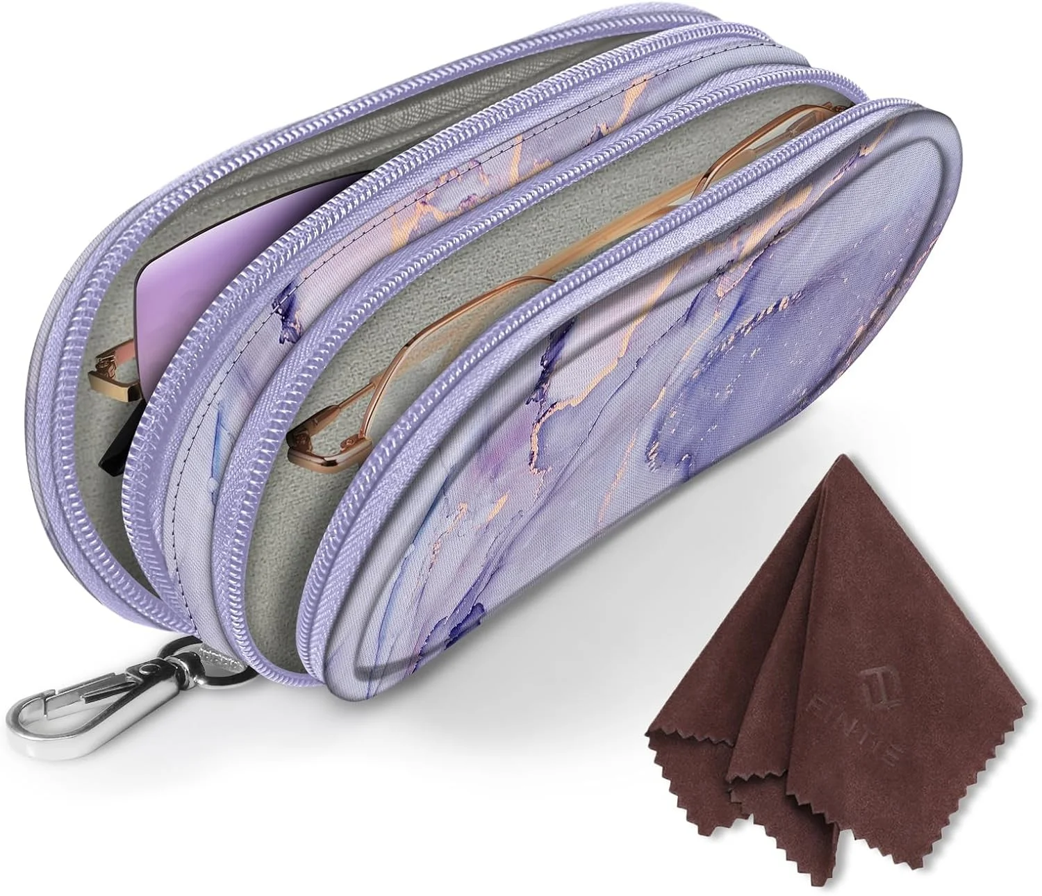 Double Eyeglasses Case Soft Portable Zipper Sunglasses Pouch with Carabiner Clip